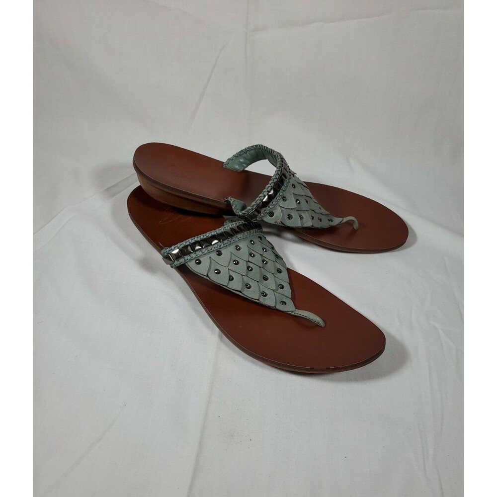 B Makowsky leather thong sandals with fringe & stud detail Steel Size 11 New